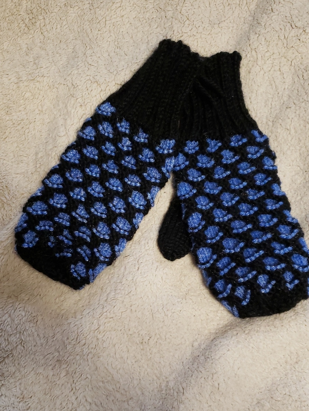 Handknit Black Mittens with Blue Dot Pattern